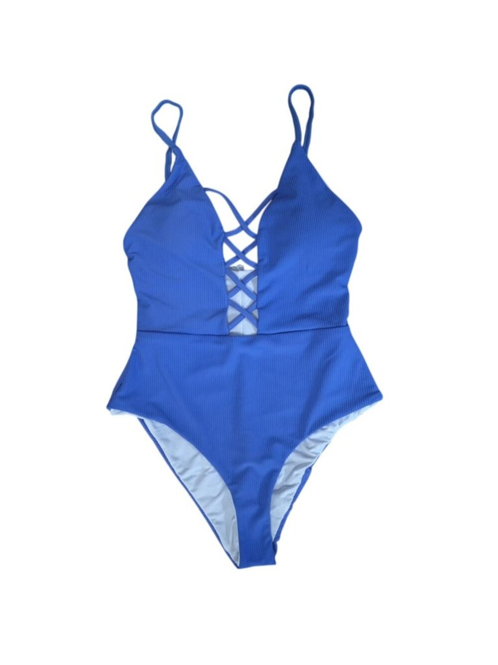 Dippin Daisys Blue Ribbed One Piece Swimsuit Crisscross Back Size M NWT.